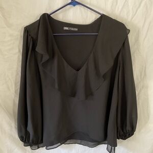 Zara Black Ruffled Bib Collar Blouse large cropped sheer 3/4 sleeve